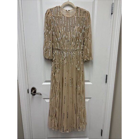 Mac Duggal Size 6 Beige 93889 Beaded Sequin High Neck Midi Cocktail Dress New - Picture 4 of 10